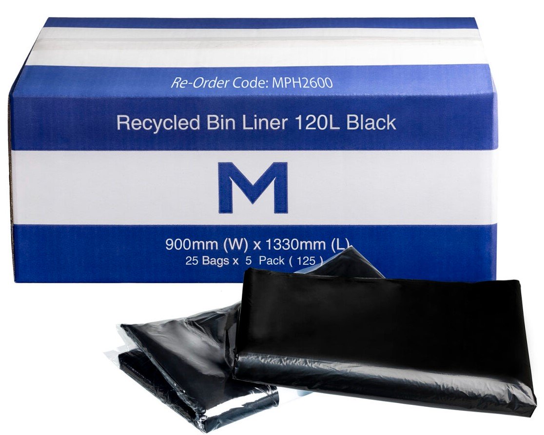 Black Recycled 120L Bin Liners – 900 × 1330mm, 50mu | 125 Pack