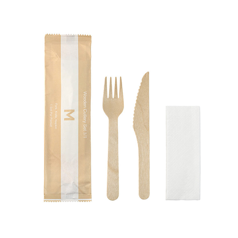 Wooden Cutlery Set – Fork, Knife & Napkin, FSC® 100% | 400 Pack
