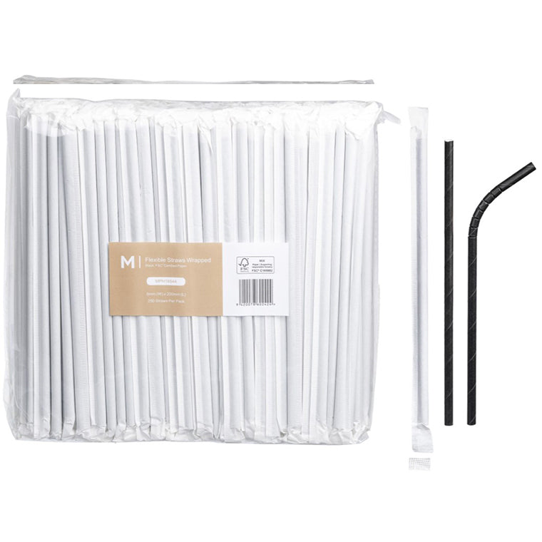 Black Individually Wrapped Flexible Paper Straws – 6 × 200mm | 2500 Pack