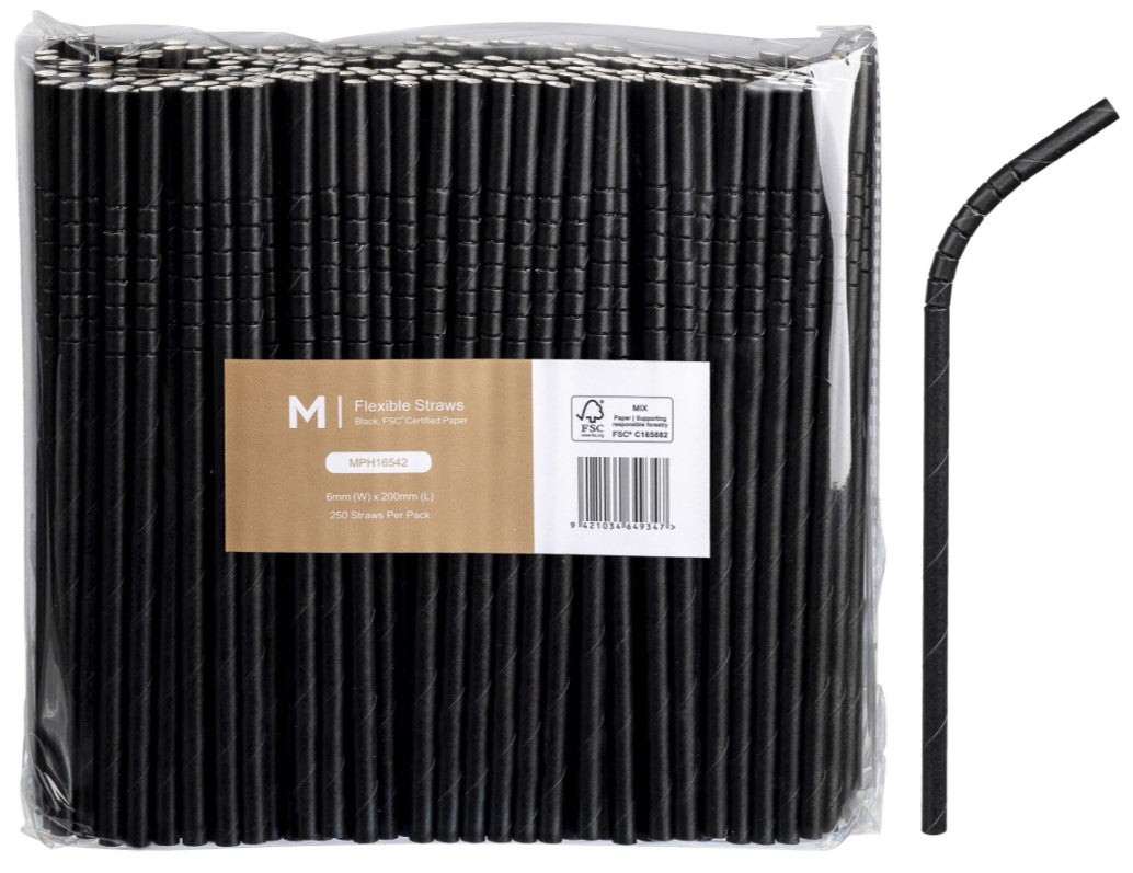 Black Flexible Paper Straws – 6 × 200mm, FSC® Mix | 100 Pack