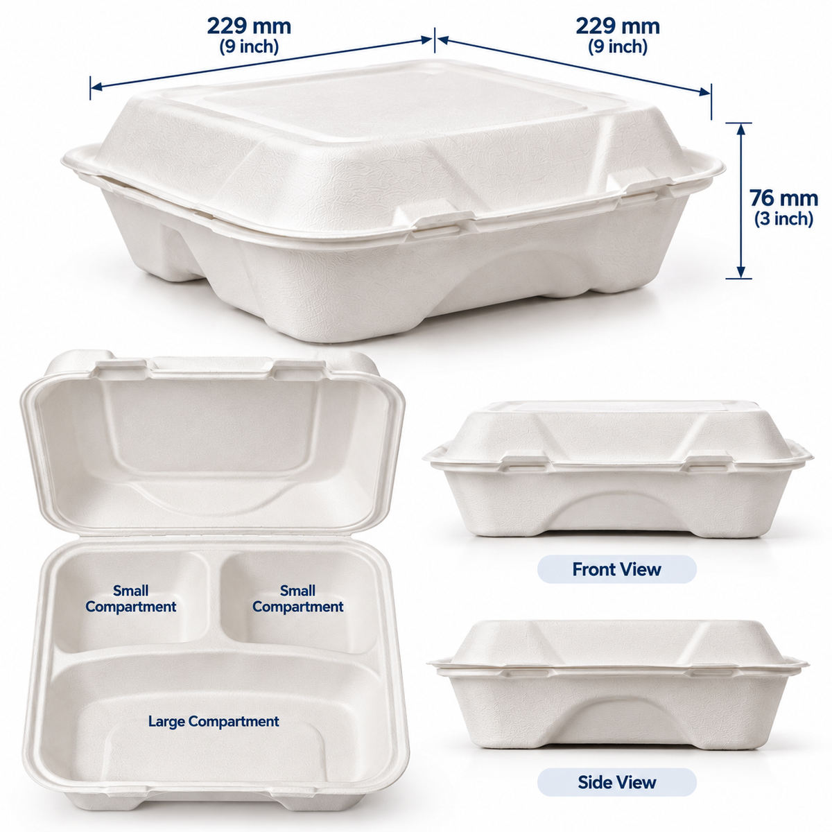 Vanguard® 3-Compartment Sugarcane Clamshell – 9 × 9 × 3in