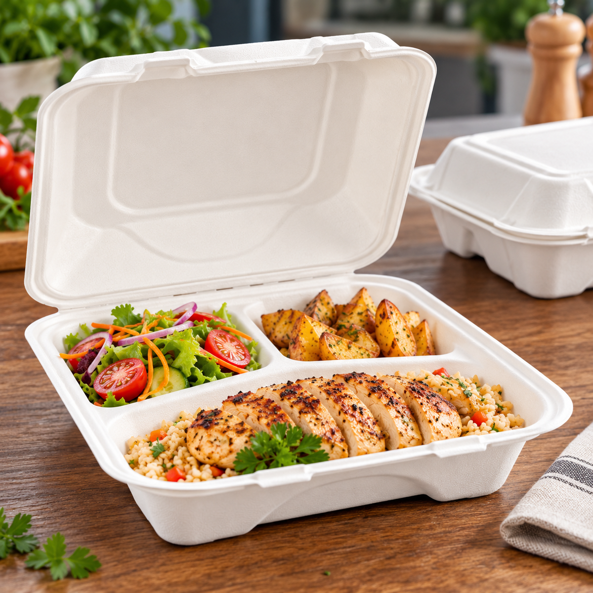 Vanguard® 3-Compartment Sugarcane Clamshell – 9 × 9 × 3in