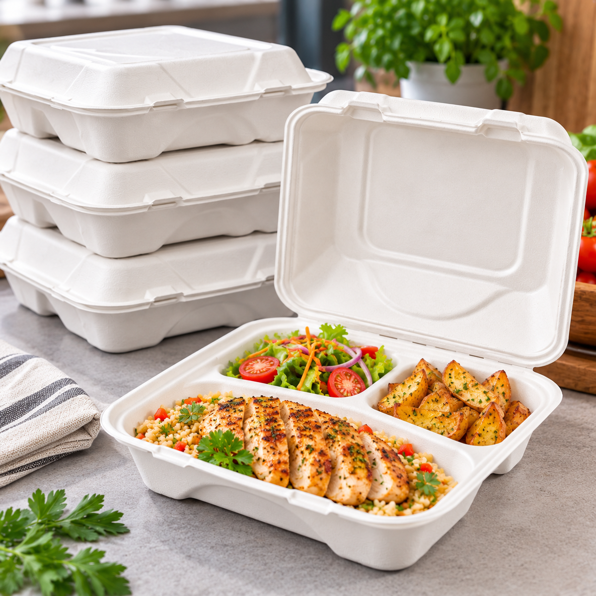 Vanguard® 3-Compartment Sugarcane Clamshell – 9 × 9 × 3in