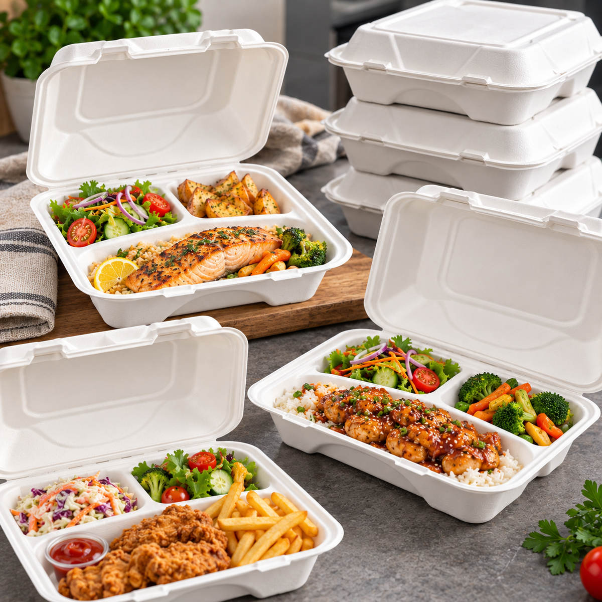Vanguard® 3-Compartment Sugarcane Clamshell – 9 × 9 × 3in