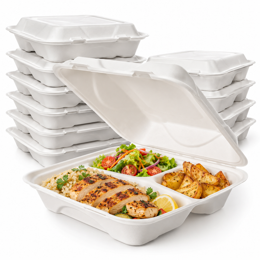 Vanguard® 3-Compartment Sugarcane Clamshell – 9 × 9 × 3in