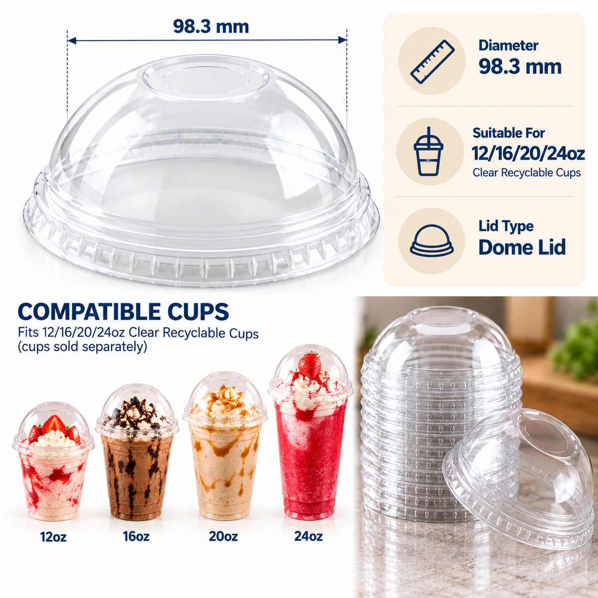 12/16/20/24oz Clear PET Dome Lids - 98mm