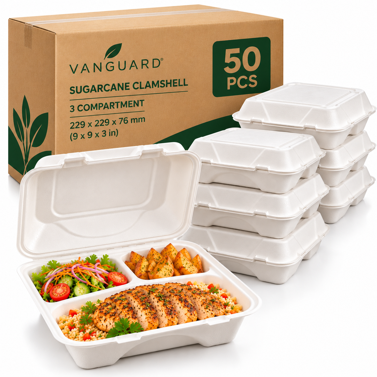 Vanguard® 3-Compartment Sugarcane Clamshell – 9 × 9 × 3in